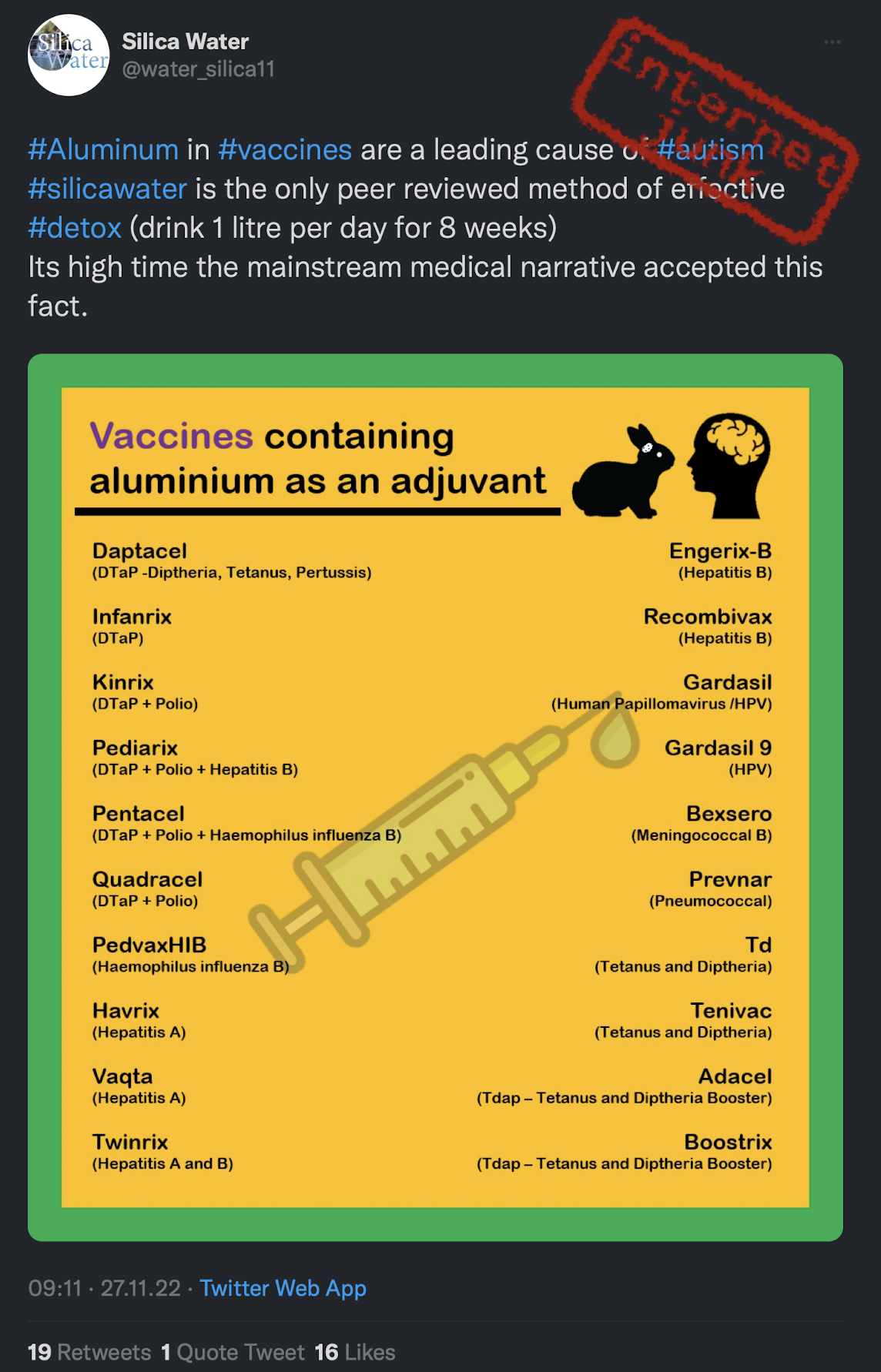 spazzatura di internet con l’affermazione smentita che i vaccini causano l’autismo.