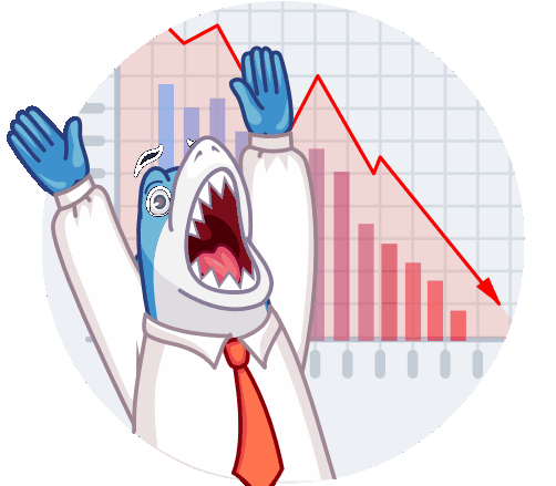 Shark panicking in front of graph showing crash of stock market